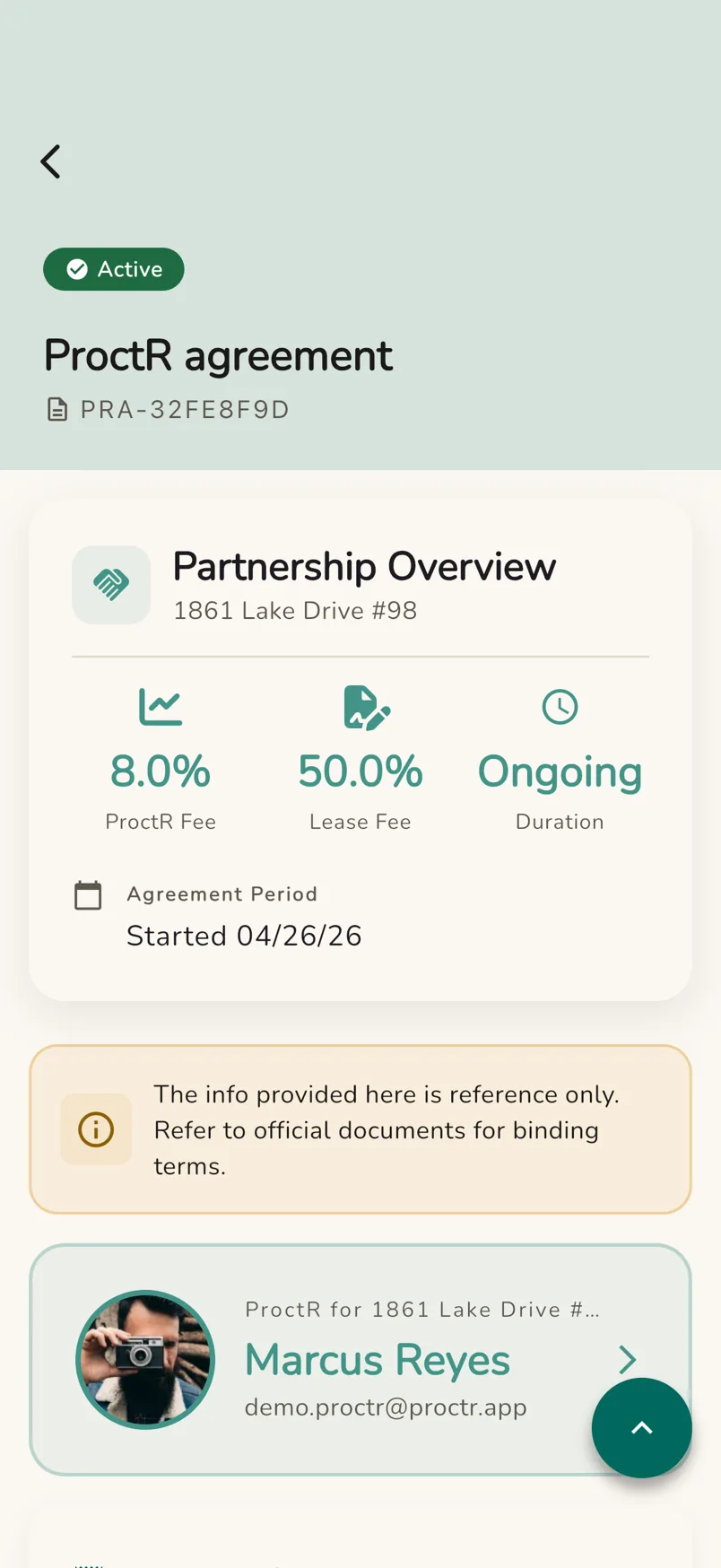 A ProctR agreement showing the management fee, lease fee, duration and start date for a specific property