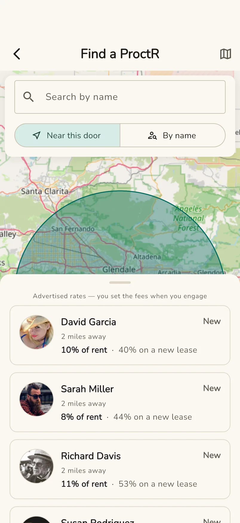 The app showing property managers near an address, each with their distance, their rate as a percentage of rent, and their new-lease fee