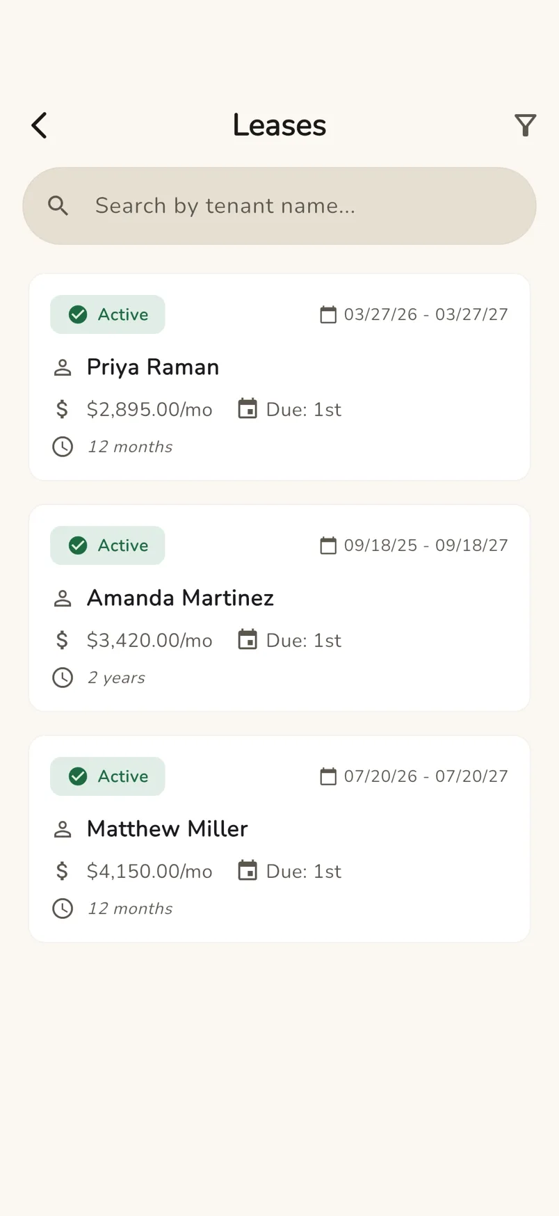 A list of leases with their properties, tenants and dates