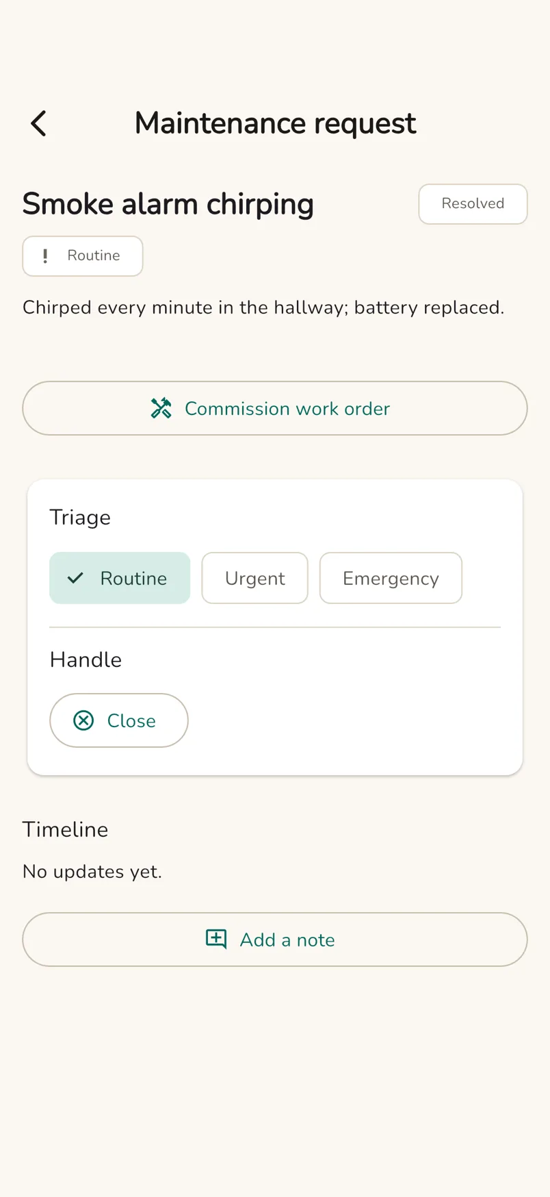 A maintenance job with its category, urgency and status