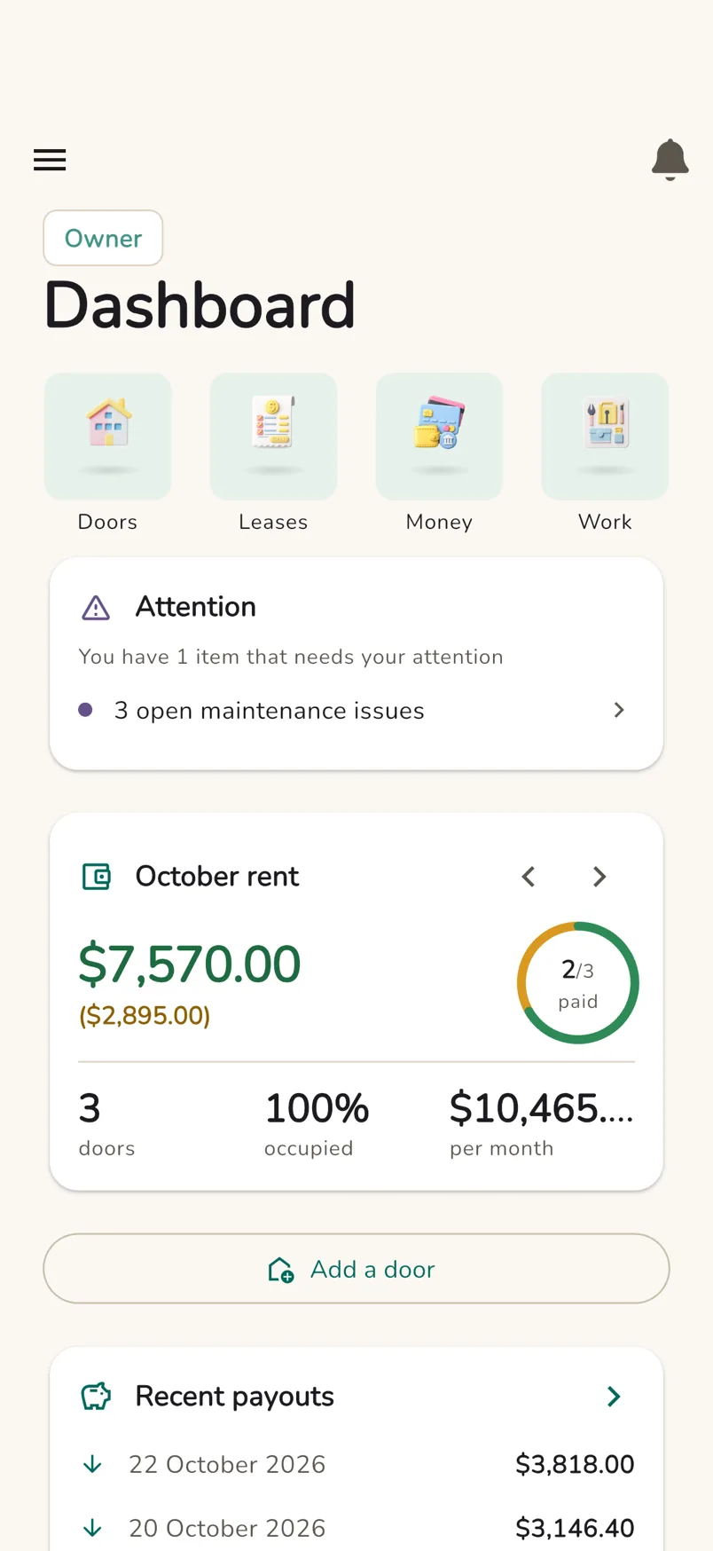 The owner dashboard showing rent collected this month, occupancy, open maintenance issues and recent payouts