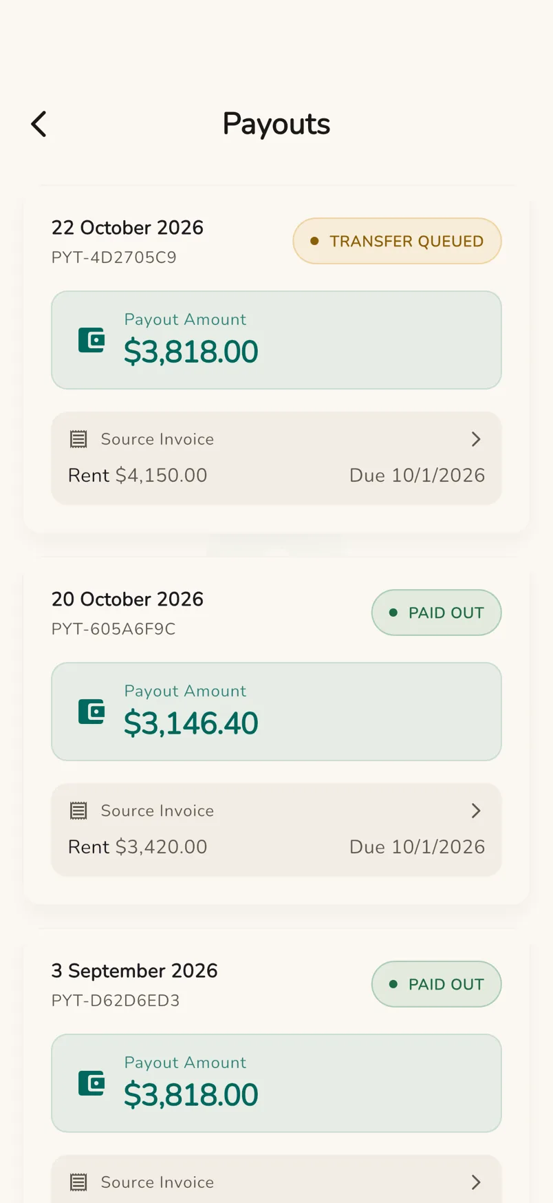 A list of payouts, each showing the amount, the rent invoice it came from, and whether the transfer is queued or paid out