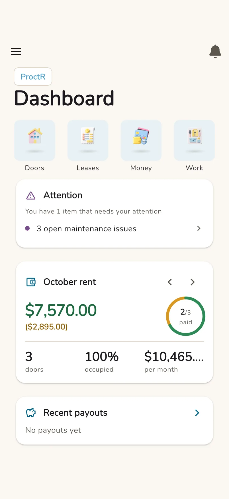 The ProctR dashboard showing the portfolio under management, rent collected and items needing attention