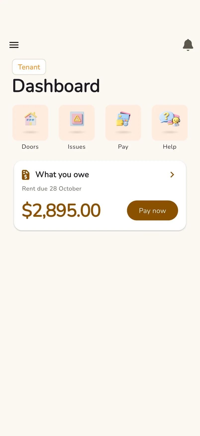 The tenant dashboard showing rent due with a pay now button