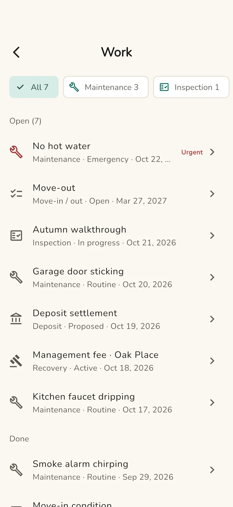 A work list showing open maintenance issues, an inspection in progress and a deposit settlement
